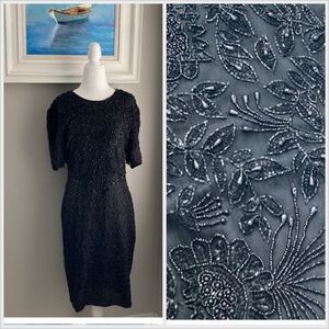 Vintage 80s Laurence Kazar Beaded Shortsleeve Black Formal Cocktail Dress Large
